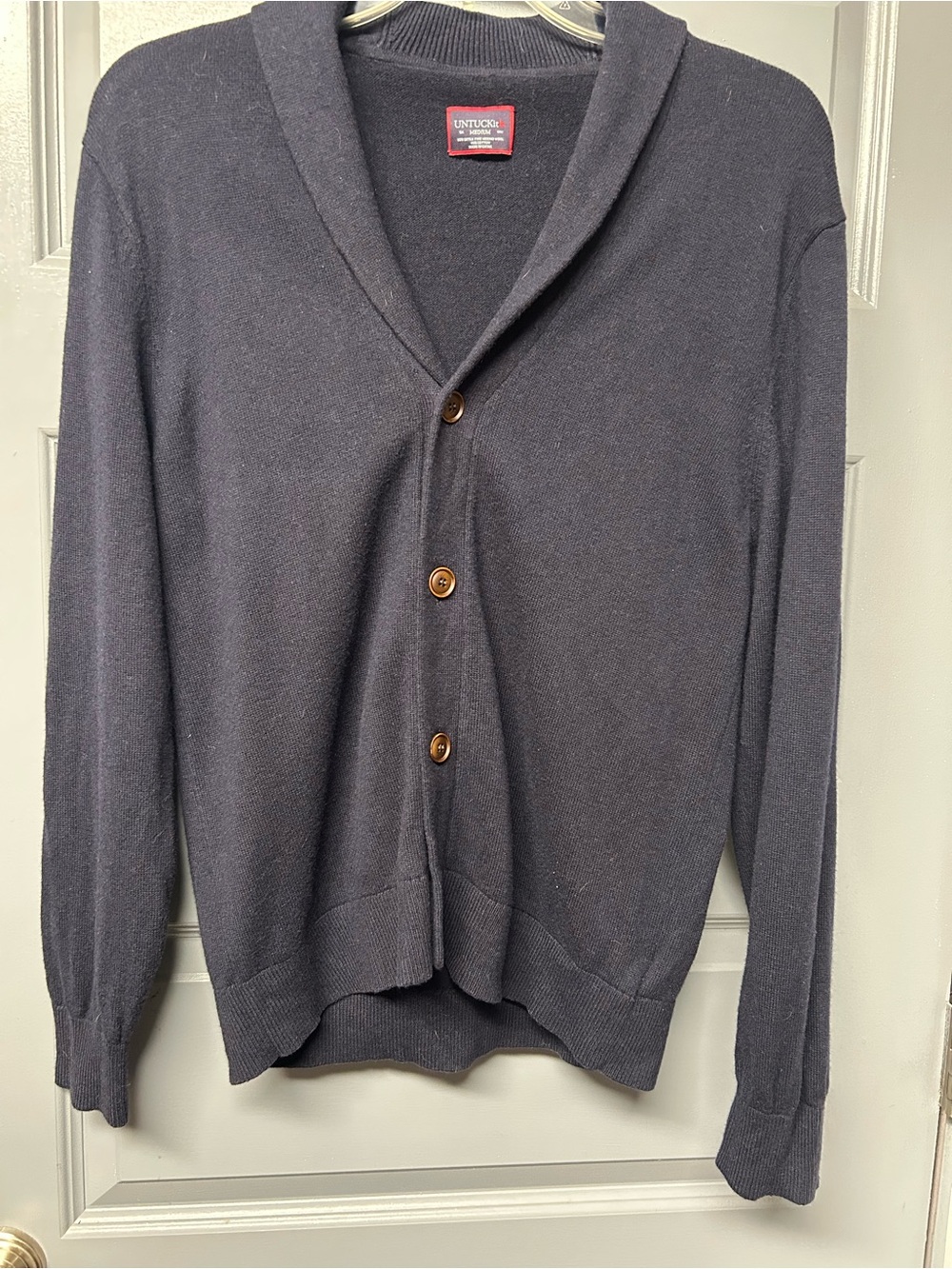 UNTICKit navy wool:cotton shawl collared men’s cardigan sweater. Size medium